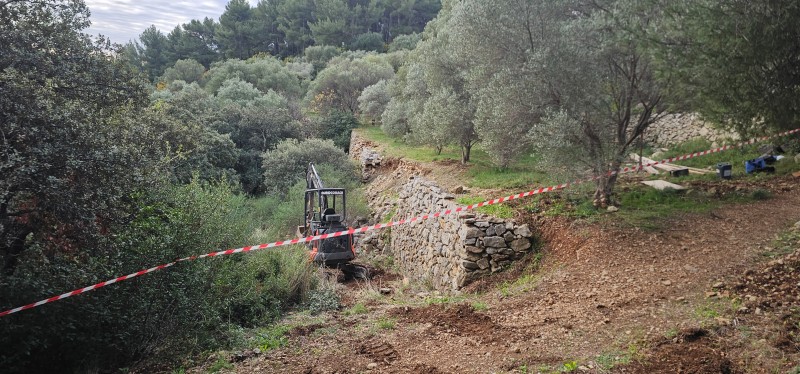 Reconstruction de murets en pierres au Conservatoire Variétal de l’Olivier à La Valette 
