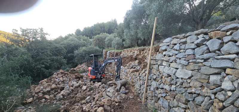 Reconstruction de murets en pierres au Conservatoire Variétal de l’Olivier à La Valette 