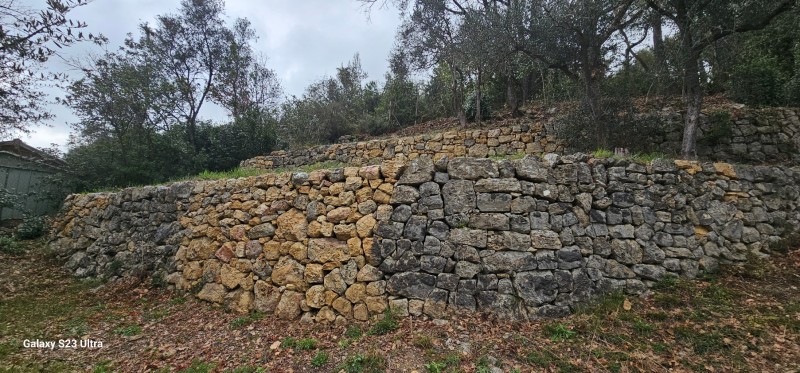 Visite 3 ans après sur la reconstruction de murets en pierres sèches à Mouans-Sartoux dans Alpes-Maritimes, en région Provence-Alpes-Côte d'Azur.